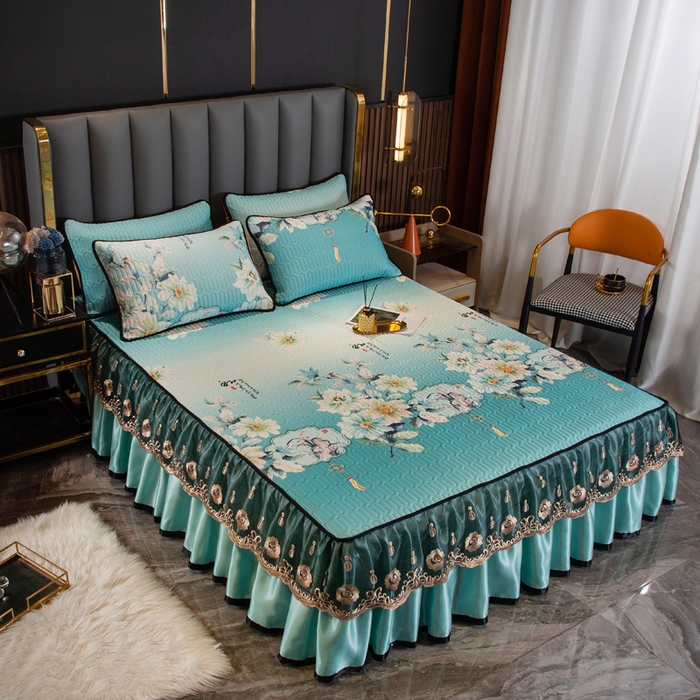 91家纺网 家纺一手货源 找家纺 能好家纺 2026春夏新款纯色+印花凉感丝乳胶凉席床裙款三件套 古韵