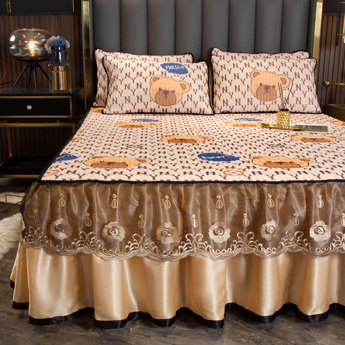 能好家纺 2026春夏新款纯色+印花凉感丝乳胶凉席床裙款三件套 小熊