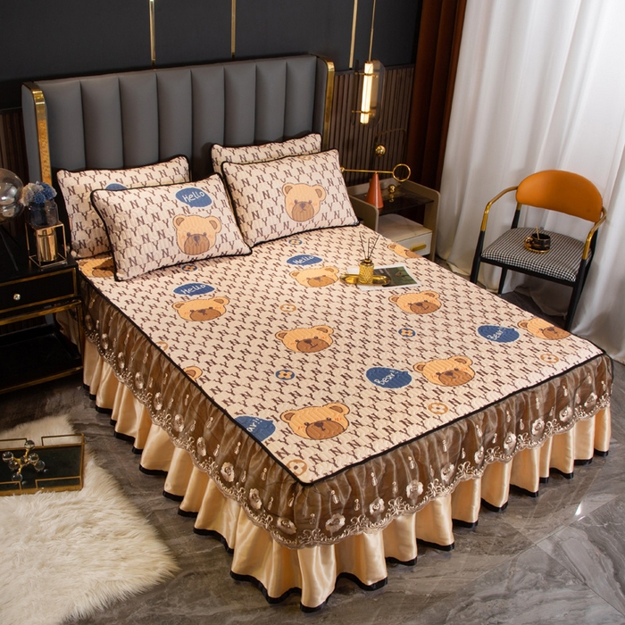 91家纺网 家纺一手货源 找家纺 能好家纺 2026春夏新款纯色+印花凉感丝乳胶凉席床裙款三件套 小熊