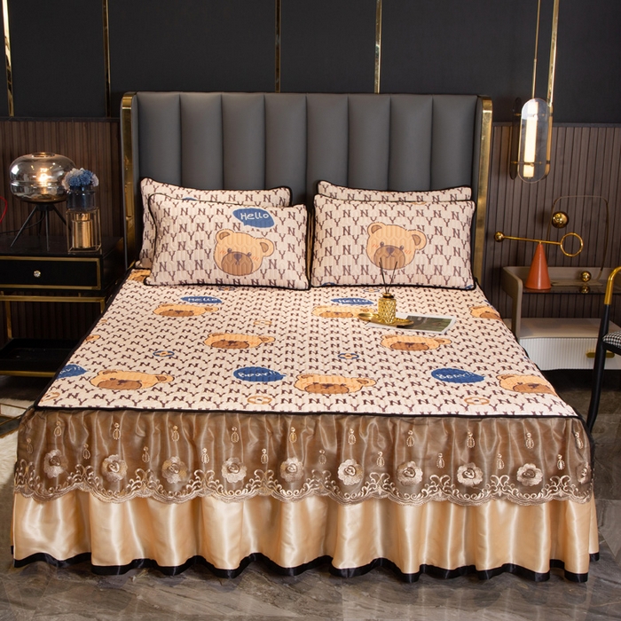 91家纺网 家纺一手货源 找家纺 能好家纺 2026春夏新款纯色+印花凉感丝乳胶凉席床裙款三件套 小熊