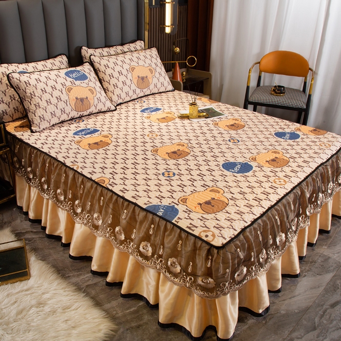 91家纺网 家纺一手货源 找家纺 能好家纺 2026春夏新款纯色+印花凉感丝乳胶凉席床裙款三件套 小熊