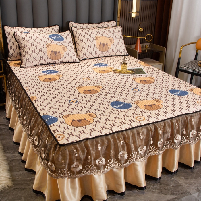 91家纺网 家纺一手货源 找家纺 能好家纺 2026春夏新款纯色+印花凉感丝乳胶凉席床裙款三件套 小熊