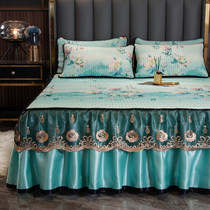 能好家纺 2026春夏新款纯色+印花凉感丝乳胶凉席床裙款三件套 雅韵