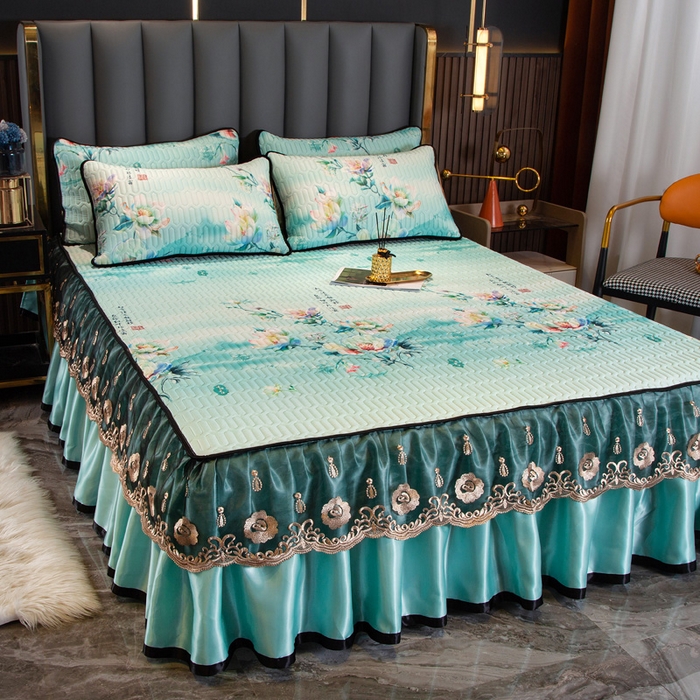 91家纺网 家纺一手货源 找家纺 能好家纺 2026春夏新款纯色+印花凉感丝乳胶凉席床裙款三件套 雅韵