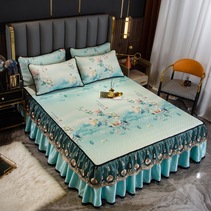 91家纺网 家纺一手货源 找家纺 能好家纺 2026春夏新款纯色+印花凉感丝乳胶凉席床裙款三件套 雅韵