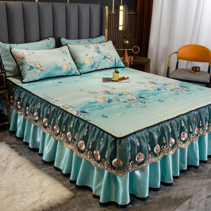 91家纺网 家纺一手货源 找家纺 能好家纺 2026春夏新款纯色+印花凉感丝乳胶凉席床裙款三件套 雅韵