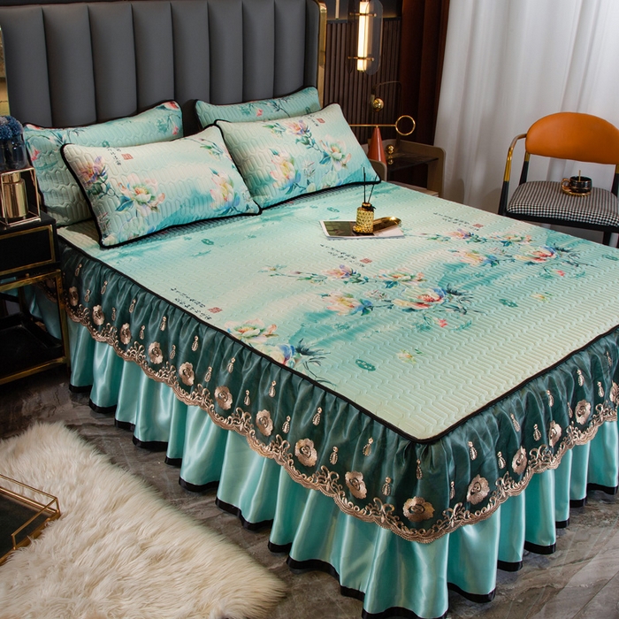 91家纺网 家纺一手货源 找家纺 能好家纺 2026春夏新款纯色+印花凉感丝乳胶凉席床裙款三件套 雅韵