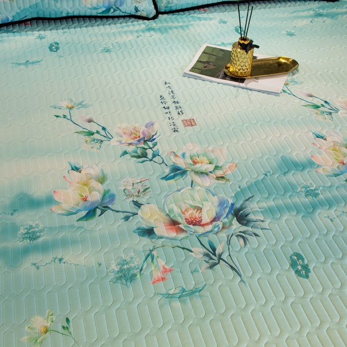 91家纺网 家纺一手货源 找家纺 能好家纺 2026春夏新款纯色+印花凉感丝乳胶凉席床裙款三件套 雅韵