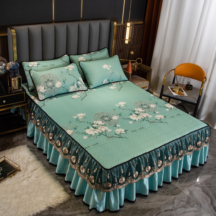 91家纺网 家纺一手货源 找家纺 能好家纺 2026春夏新款纯色+印花凉感丝乳胶凉席床裙款三件套 幽梦