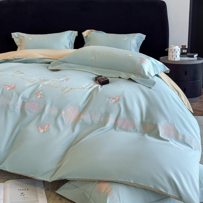 91家纺网 家纺一手货源 找家纺 欣宜家纺 2026春夏新款纯棉全棉长绒棉刺绣绣花高端礼盒四件套-漫舞 漫舞-飘蓝