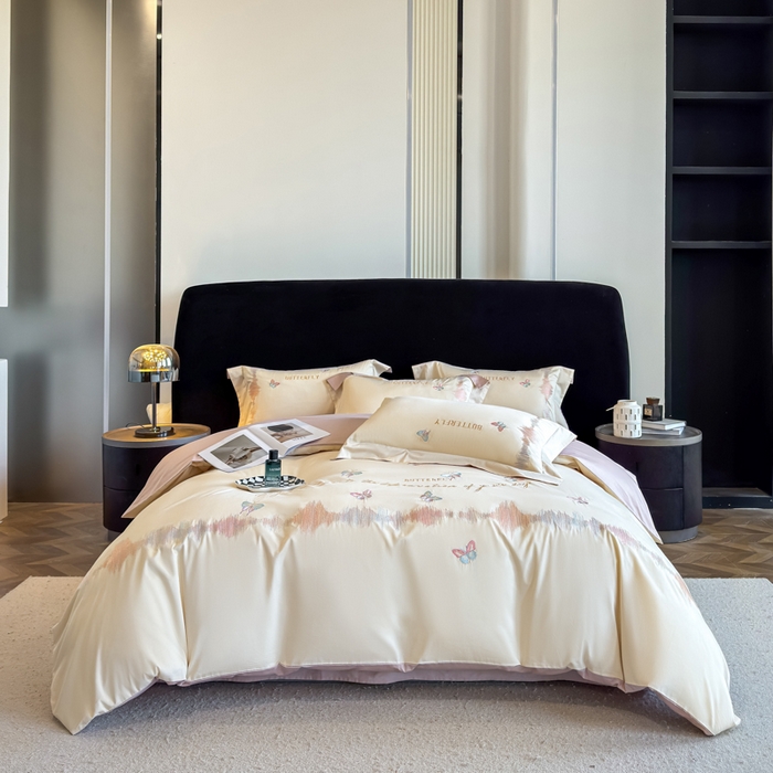 91家纺网 家纺一手货源 找家纺 欣宜家纺 2026春夏新款纯棉全棉长绒棉刺绣绣花高端礼盒四件套-漫舞 漫舞-白粉