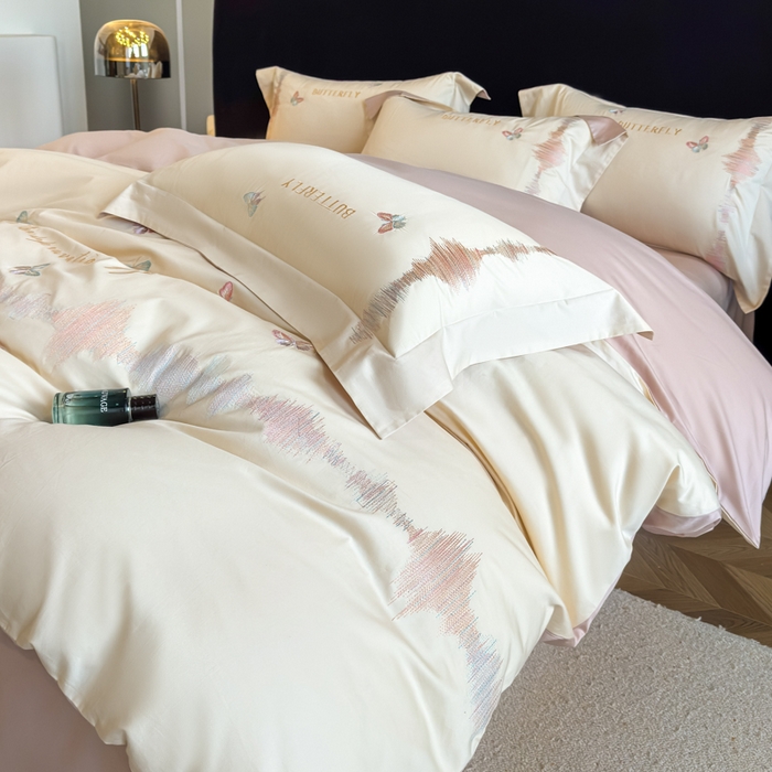 欣宜家纺 2026春夏新款纯棉全棉长绒棉刺绣绣花高端礼盒四件套-漫舞 漫舞-白粉