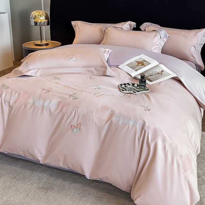 91家纺网 家纺一手货源 找家纺 欣宜家纺 2026春夏新款纯棉全棉长绒棉刺绣绣花高端礼盒四件套-漫舞 漫舞-粉紫