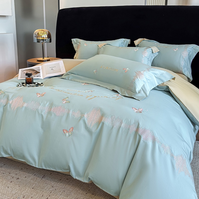 91家纺网 家纺一手货源 找家纺 欣宜家纺 2026春夏新款纯棉全棉长绒棉刺绣绣花高端礼盒四件套-漫舞 漫舞-飘蓝