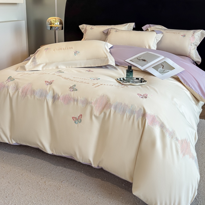 91家纺网 家纺一手货源 找家纺 欣宜家纺 2026春夏新款纯棉全棉长绒棉刺绣绣花高端礼盒四件套-漫舞 漫舞-白紫