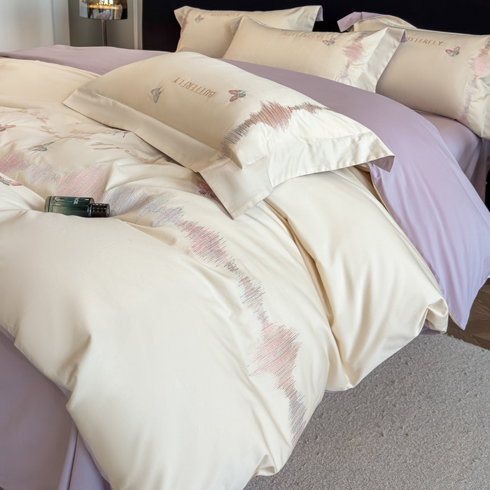 欣宜家纺 2026春夏新款纯棉全棉长绒棉刺绣绣花高端礼盒四件套-漫舞 漫舞-白紫