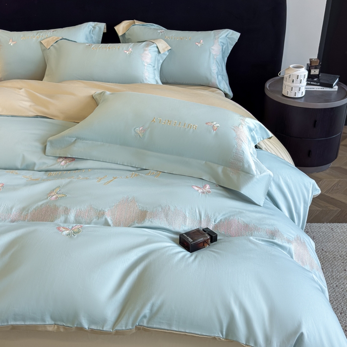 91家纺网 家纺一手货源 找家纺 欣宜家纺 2026春夏新款纯棉全棉长绒棉刺绣绣花高端礼盒四件套-漫舞 漫舞-飘蓝