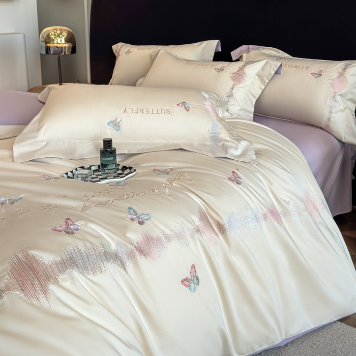 91家纺网 家纺一手货源 找家纺 欣宜家纺 2026春夏新款纯棉全棉长绒棉刺绣绣花高端礼盒四件套-漫舞 漫舞-白紫