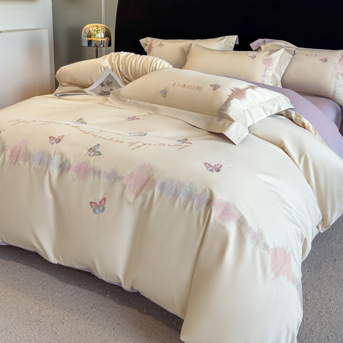 91家纺网 家纺一手货源 找家纺 欣宜家纺 2026春夏新款纯棉全棉长绒棉刺绣绣花高端礼盒四件套-漫舞 漫舞-白紫