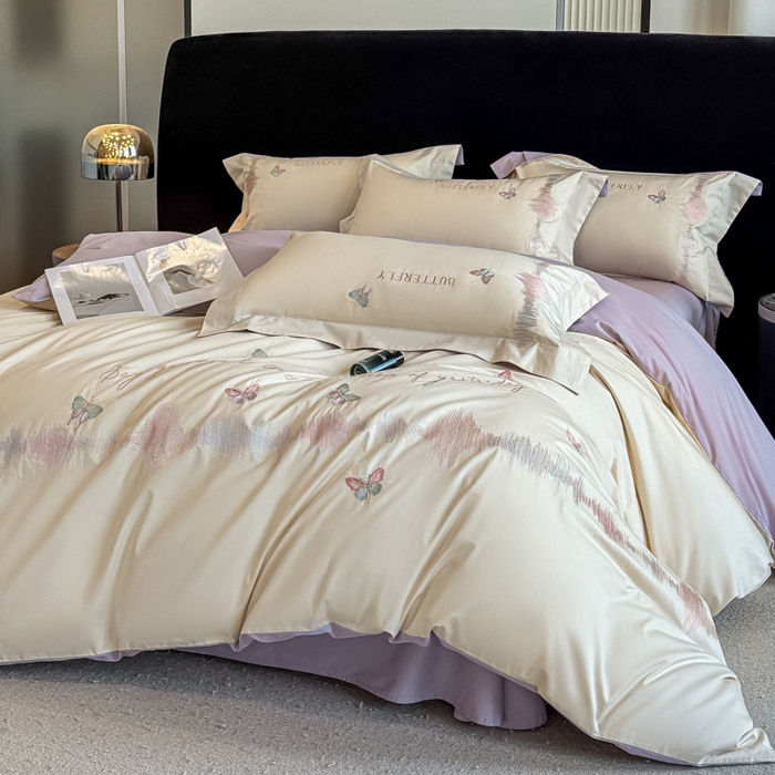 91家纺网 家纺一手货源 找家纺 欣宜家纺 2026春夏新款纯棉全棉长绒棉刺绣绣花高端礼盒四件套-漫舞 漫舞-白紫