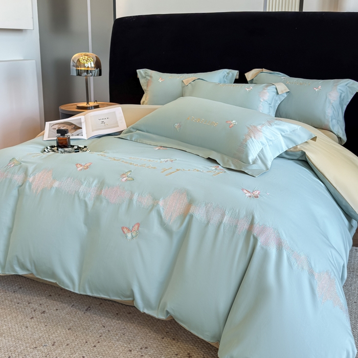 91家纺网 家纺一手货源 找家纺 欣宜家纺 2026春夏新款纯棉全棉长绒棉刺绣绣花高端礼盒四件套-漫舞 漫舞-飘蓝