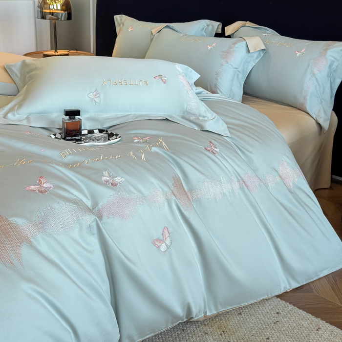 91家纺网 家纺一手货源 找家纺 欣宜家纺 2026春夏新款纯棉全棉长绒棉刺绣绣花高端礼盒四件套-漫舞 漫舞-飘蓝