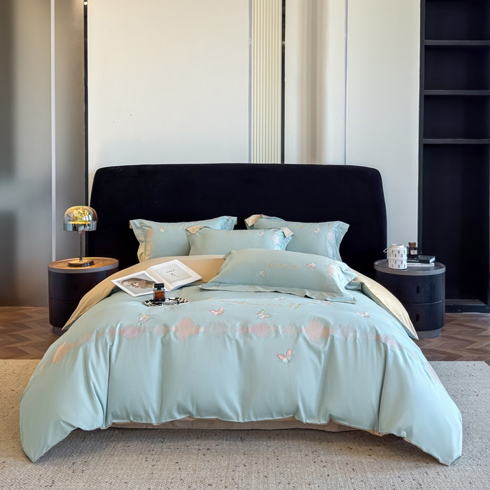 91家纺网 家纺一手货源 找家纺 欣宜家纺 2026春夏新款纯棉全棉长绒棉刺绣绣花高端礼盒四件套-漫舞 漫舞-飘蓝