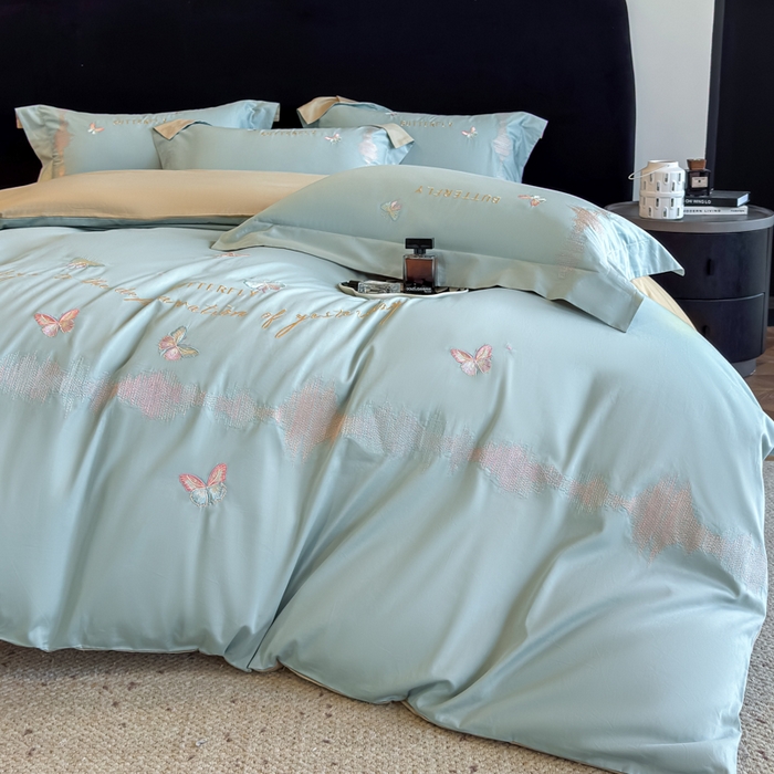 91家纺网 家纺一手货源 找家纺 欣宜家纺 2026春夏新款纯棉全棉长绒棉刺绣绣花高端礼盒四件套-漫舞 漫舞-飘蓝