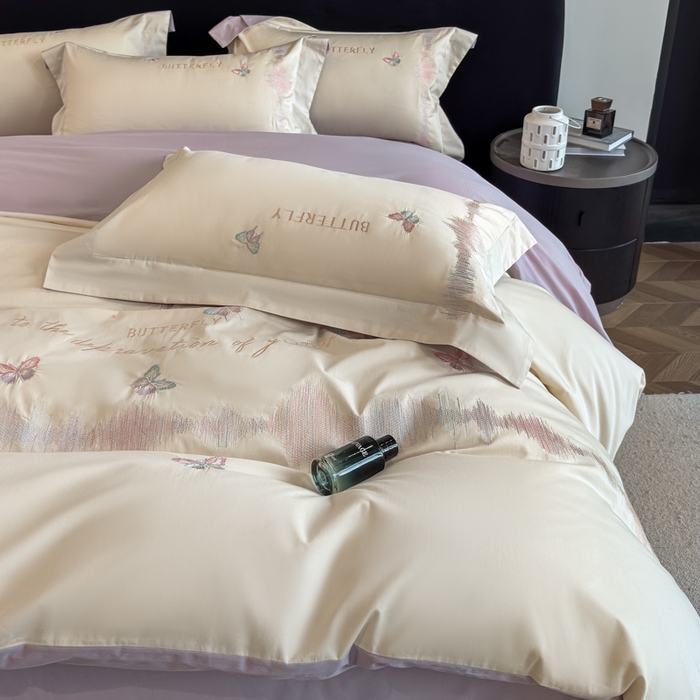 91家纺网 家纺一手货源 找家纺 欣宜家纺 2026春夏新款纯棉全棉长绒棉刺绣绣花高端礼盒四件套-漫舞 漫舞-白紫