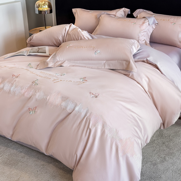 91家纺网 家纺一手货源 找家纺 欣宜家纺 2026春夏新款纯棉全棉长绒棉刺绣绣花高端礼盒四件套-漫舞 漫舞-粉紫