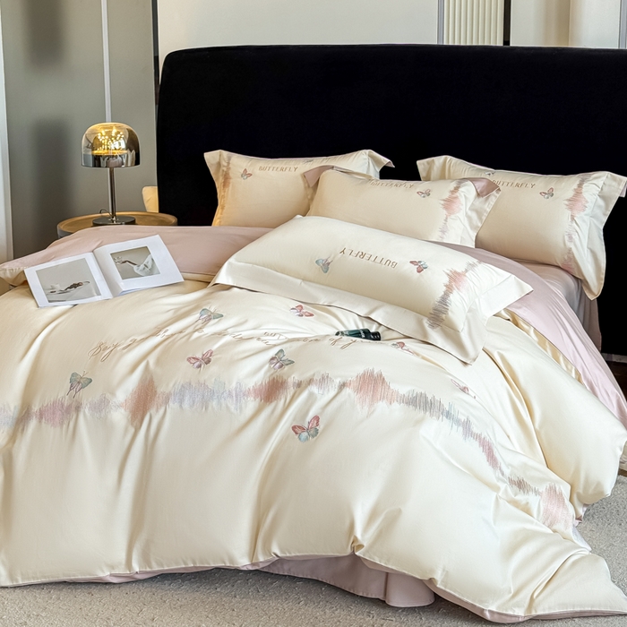 91家纺网 家纺一手货源 找家纺 欣宜家纺 2026春夏新款纯棉全棉长绒棉刺绣绣花高端礼盒四件套-漫舞 漫舞-白粉