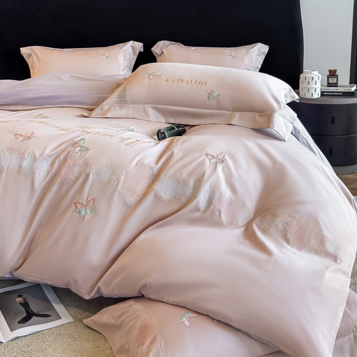 91家纺网 家纺一手货源 找家纺 欣宜家纺 2026春夏新款纯棉全棉长绒棉刺绣绣花高端礼盒四件套-漫舞 漫舞-粉紫