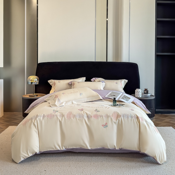 91家纺网 家纺一手货源 找家纺 欣宜家纺 2026春夏新款纯棉全棉长绒棉刺绣绣花高端礼盒四件套-漫舞 漫舞-白紫