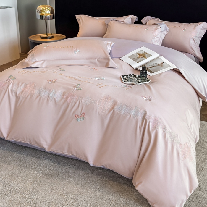 91家纺网 家纺一手货源 找家纺 欣宜家纺 2026春夏新款纯棉全棉长绒棉刺绣绣花高端礼盒四件套-漫舞 漫舞-粉紫