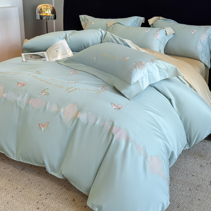 91家纺网 家纺一手货源 找家纺 欣宜家纺 2026春夏新款纯棉全棉长绒棉刺绣绣花高端礼盒四件套-漫舞 漫舞-飘蓝