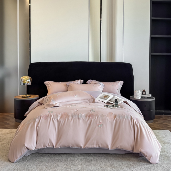 91家纺网 家纺一手货源 找家纺 欣宜家纺 2026春夏新款纯棉全棉长绒棉刺绣绣花高端礼盒四件套-漫舞 漫舞-粉紫