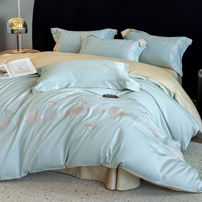 91家纺网 家纺一手货源 找家纺 欣宜家纺 2026春夏新款纯棉全棉长绒棉刺绣绣花高端礼盒四件套-漫舞 漫舞-飘蓝