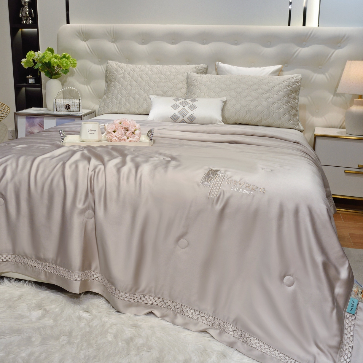 91家纺网 家纺一手货源 找家纺 博尔菲 2026新款半镂空蕾丝宽边绗缝夏被夏凉被空调被 高级灰