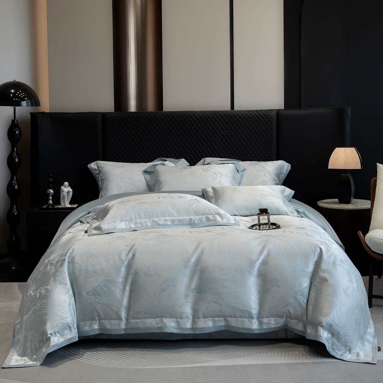 91家纺网 家纺一手货源 找家纺 2026新款轻奢风高端A类贡缎长绒棉纯棉四件套100全棉提花被套床单床笠高级感-姝忆 姝忆-柔雾蓝