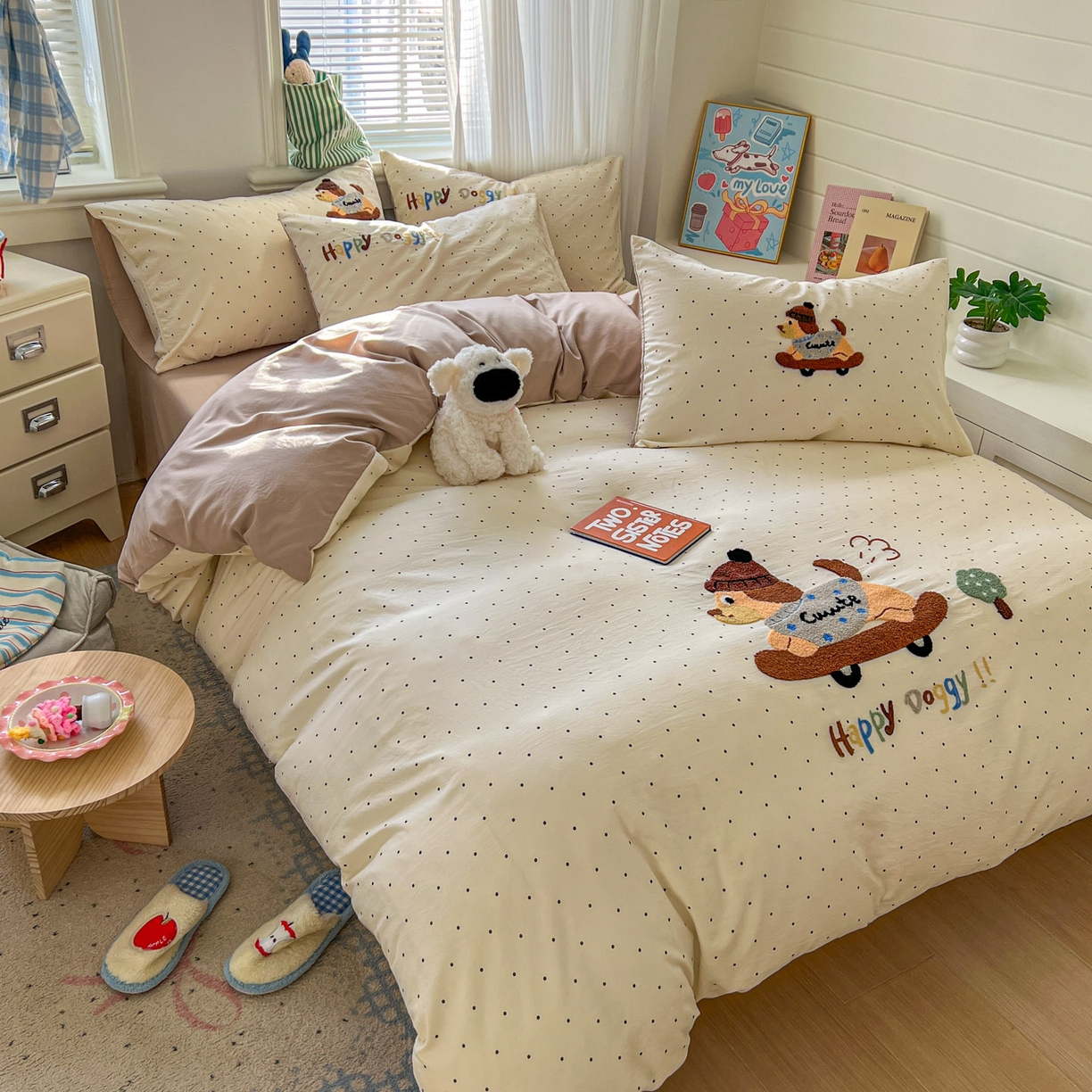 91家纺网 家纺一手货源 找家纺 思诺羽床笠 2026新款仿棉毛巾绣四件套系列 趴趴小狗