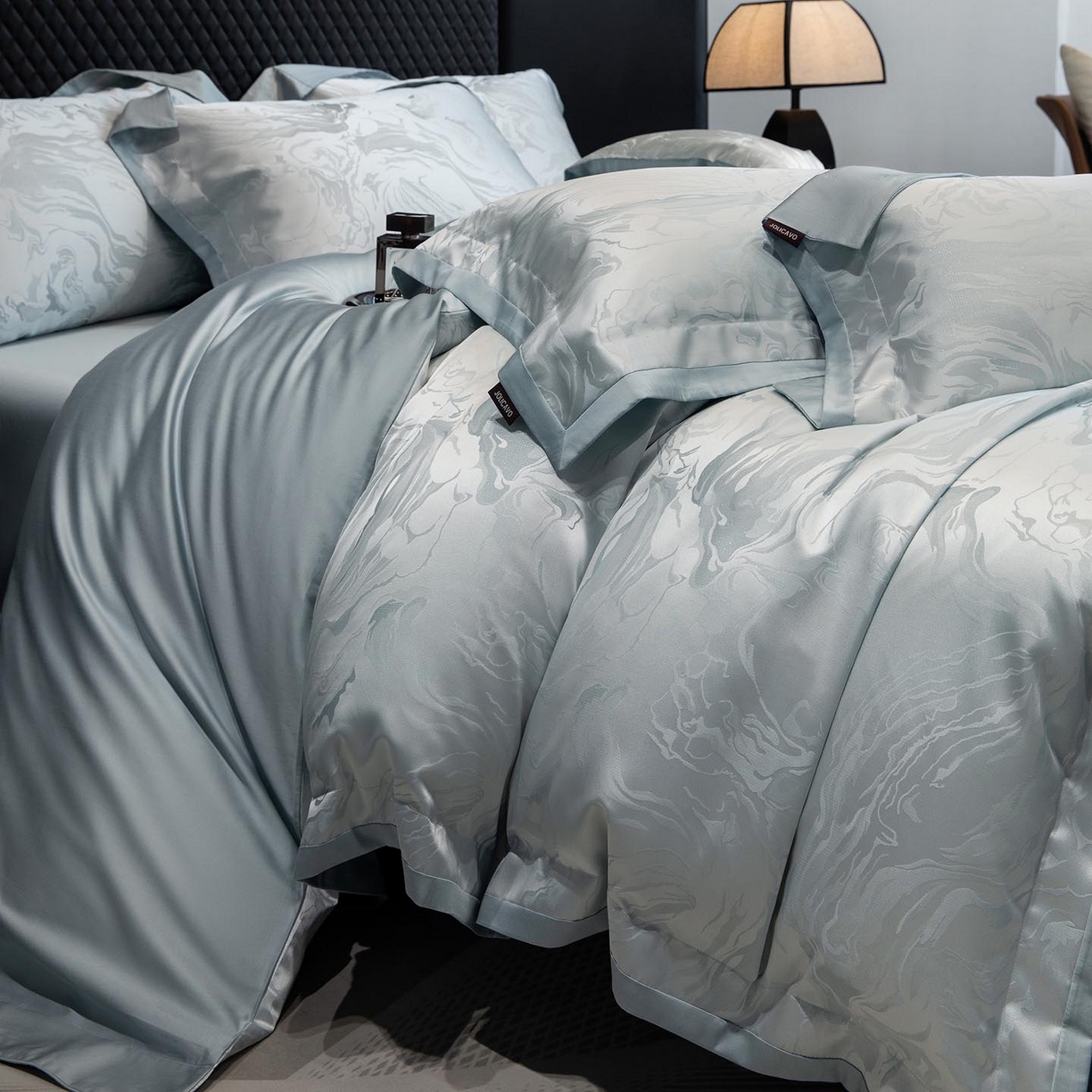 2026新款轻奢风高端A类贡缎长绒棉纯棉提花被套床单床笠高级感床上用品四件套-姝忆 姝忆-柔雾蓝