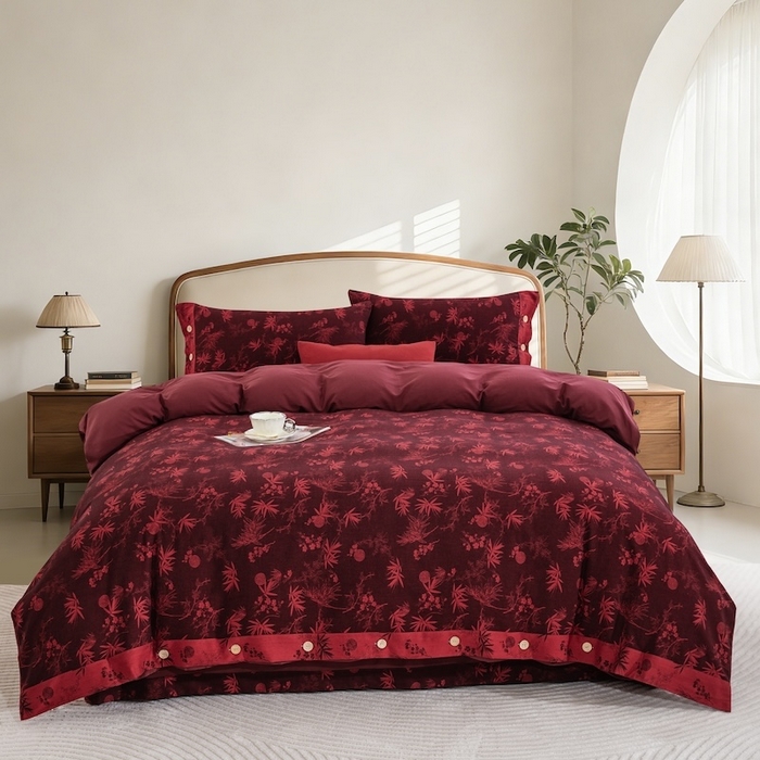 （总）仰望棉麻双层纱供应链 2026新款邻家小院黑红全棉色织提花纽扣款四件套