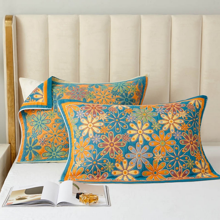 朴尔家纺-毛巾被 2026新款全棉纯棉四层纱布色织提花宽边时尚枕巾系列 繁花似锦-蓝 52x78cm一对