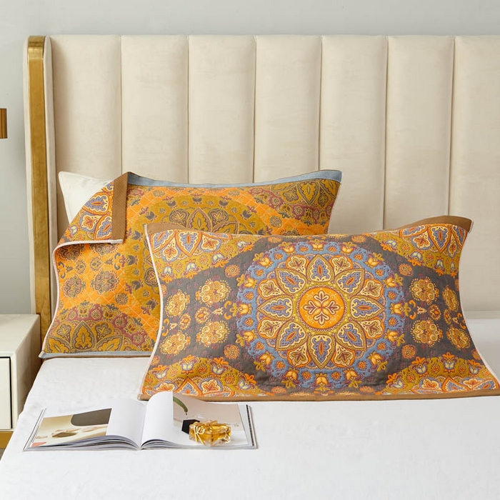 朴尔家纺-毛巾被 2026新款全棉纯棉四层纱布色织提花宽边时尚枕巾系列 复古花园-黄 52x78cm一对