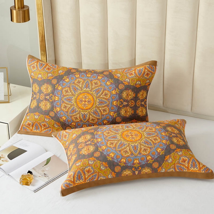 91家纺网 家纺一手货源 找家纺 朴尔家纺-毛巾被 2026新款全棉纯棉四层纱布色织提花宽边时尚枕巾系列 复古花园-黄 52x78cm一对