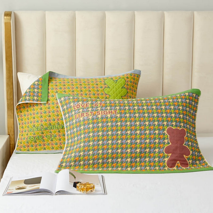 朴尔家纺-毛巾被 2026新款全棉纯棉四层纱布色织提花宽边时尚枕巾系列 千鸟小熊-绿 52x78cm一对