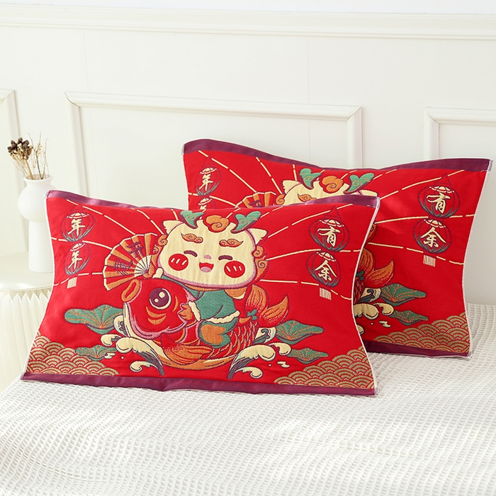 朴尔家纺-毛巾被 2026新款全棉纯棉加厚八层纱布喜庆民族风婚庆系列枕巾单枕巾枕巾单件 年年有余