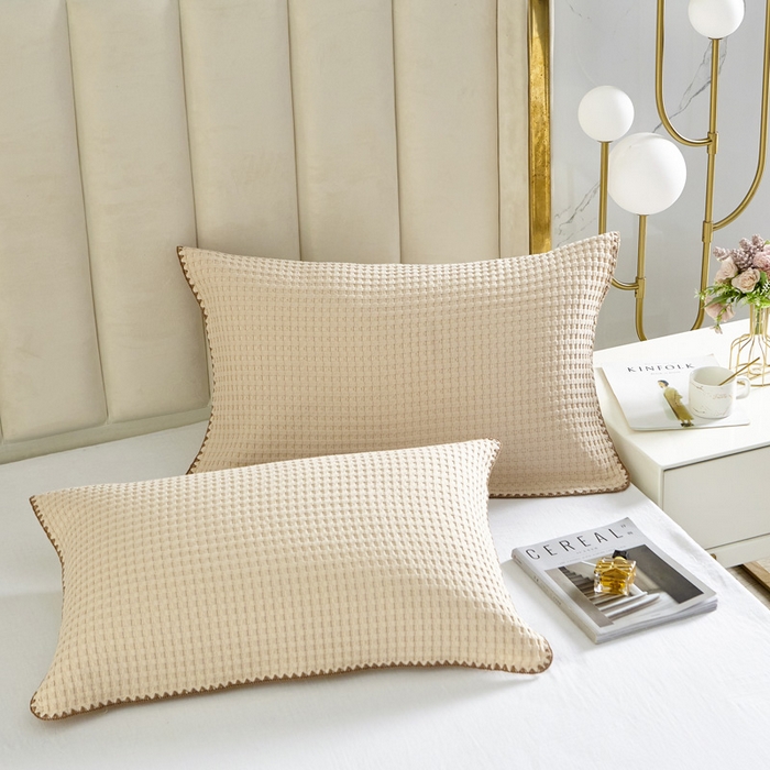 91家纺网 家纺一手货源 找家纺 朴尔家纺-毛巾被 2026新款全棉纯棉纱布华夫格素色枕巾系列 华夫格纹枕巾-米白