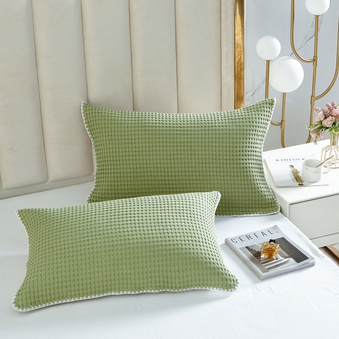 91家纺网 家纺一手货源 找家纺 朴尔家纺-毛巾被 2026新款全棉纯棉纱布华夫格素色枕巾系列 华夫格纹枕巾-抹茶