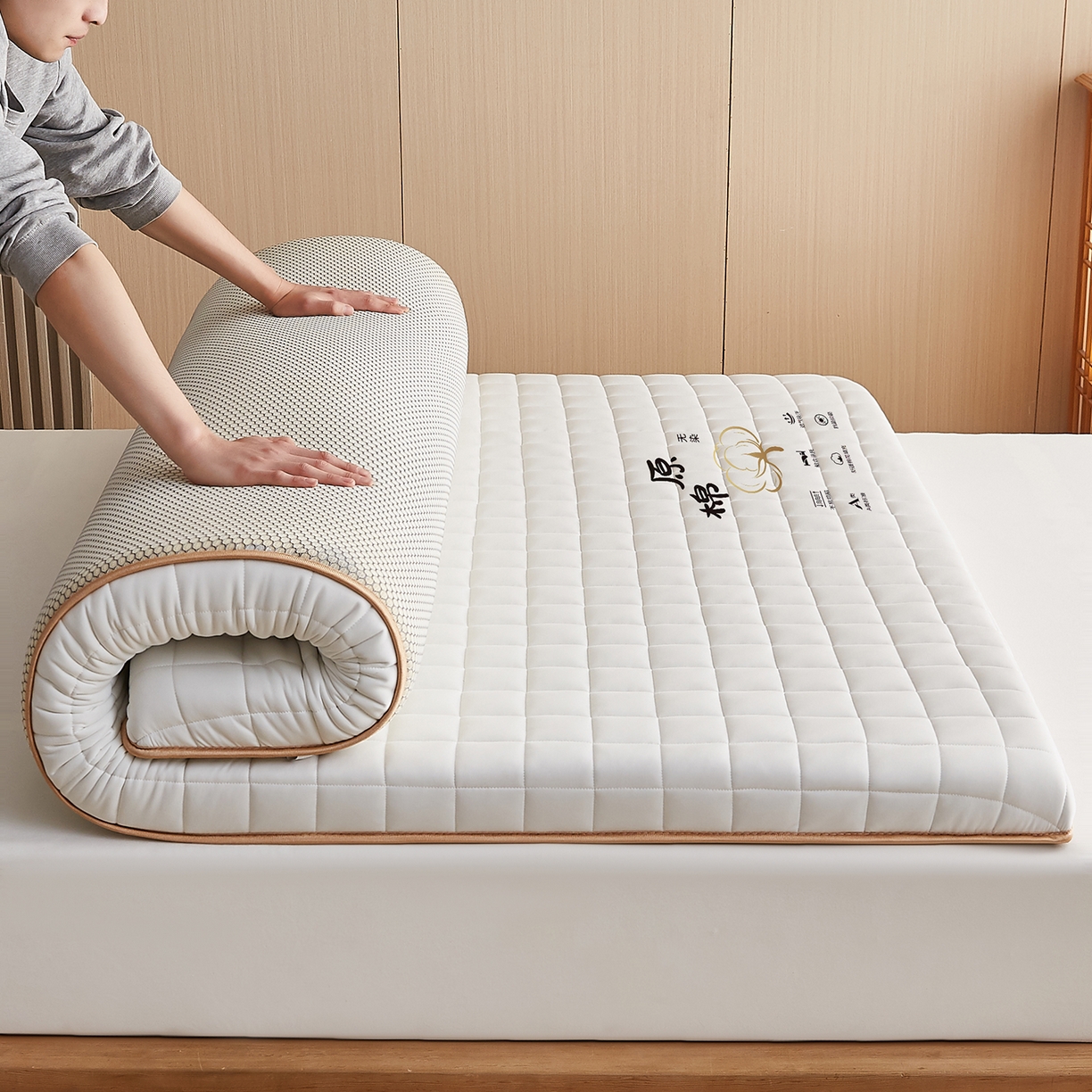 91家纺网 家纺一手货源 找家纺 月茶家纺 2026新款A类原棉新疆棉花床垫 原棉-米白